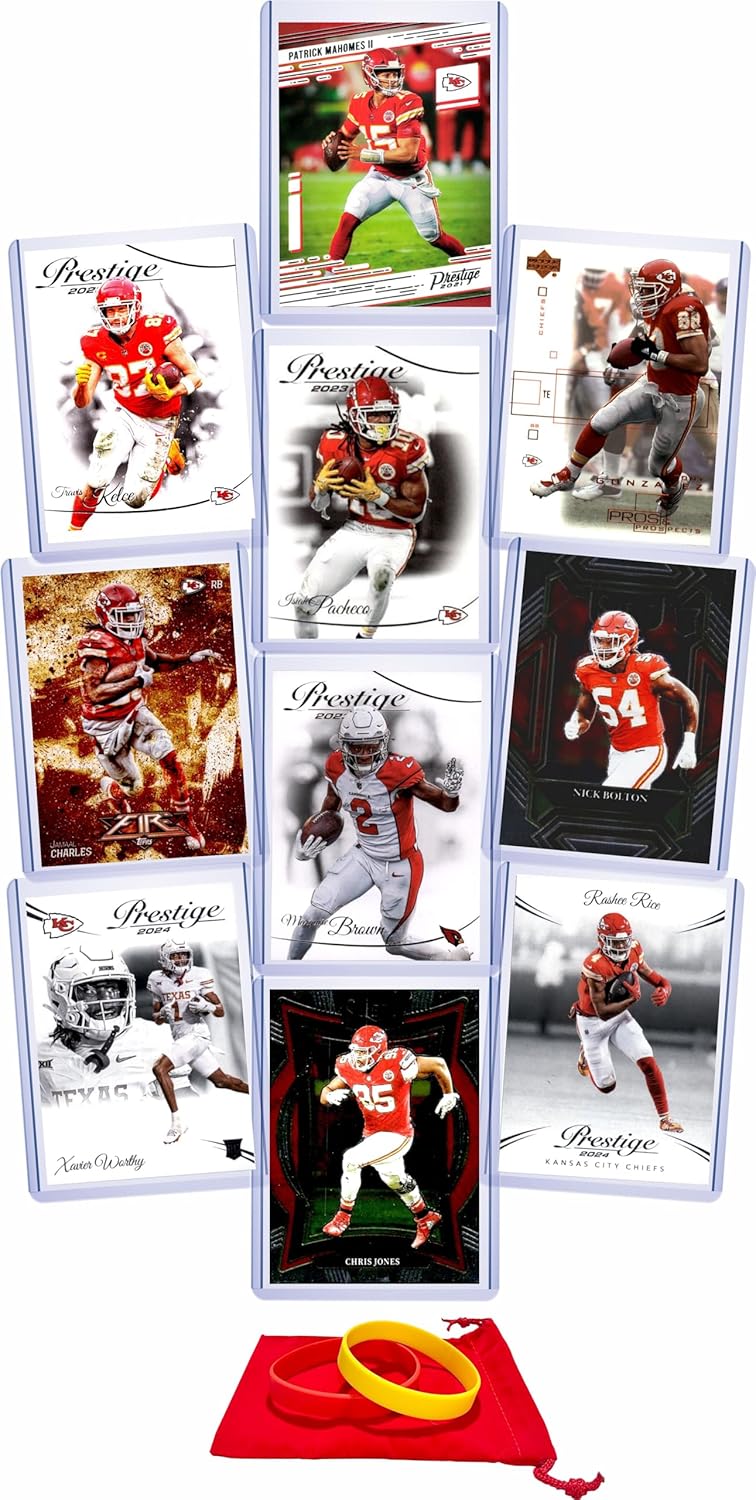 Chaser Kansas City Chiefs Football Cards: Patrick Mahomes, Travis Kelce, Isiah Pacheco, Jamaal Charles, Chris Jones, Marquise Brown, Nick Bolton, Rashee Rice, Xavier Worthy, Tony Gonzalez (10) ASSORTED Football Stars & GOATs Trading Card & Wristbands Gift Pack - Image 1